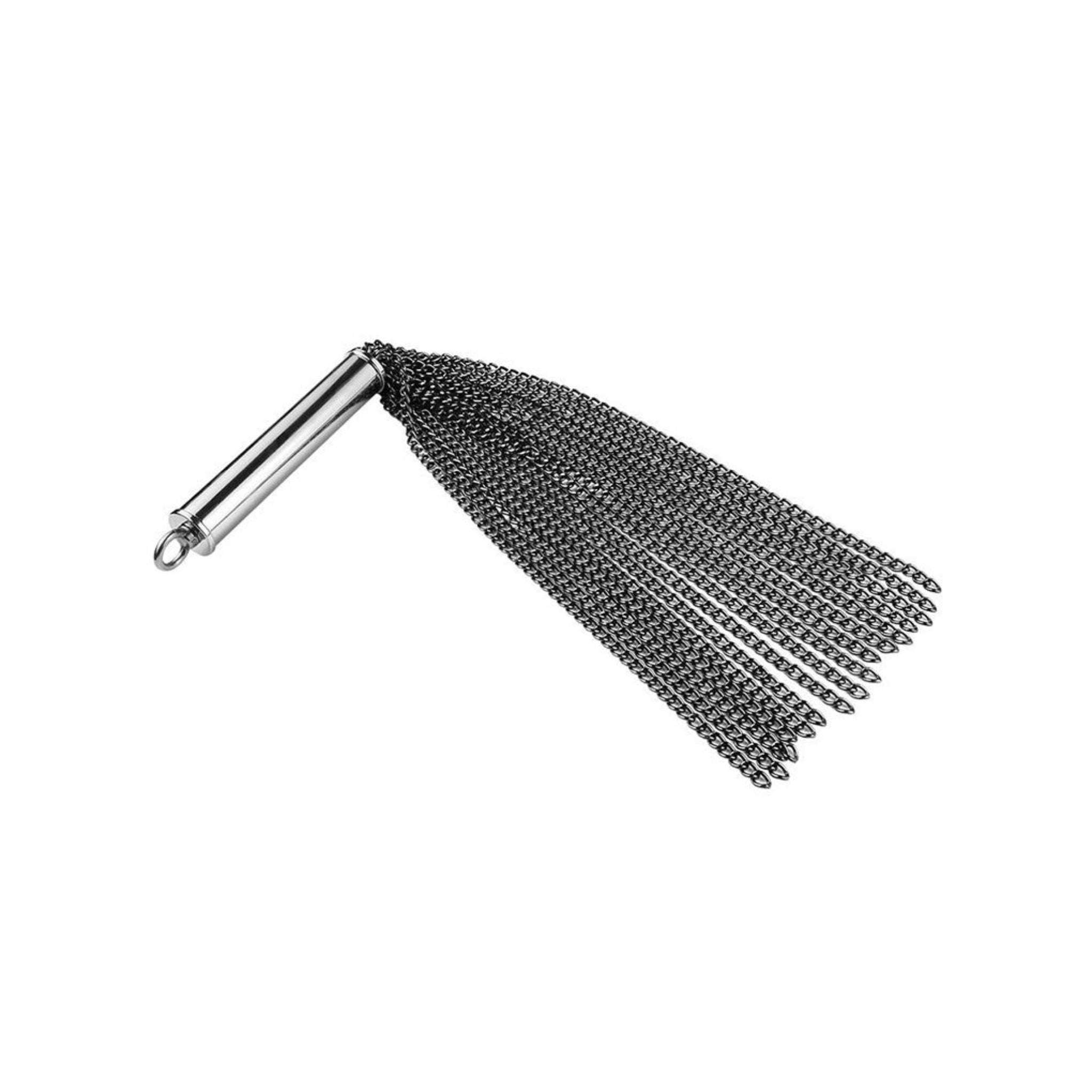 BDSM flogger with hidden plug, black chain flogger, dual-purpose impact toy, anal play flogger, bondage whip.