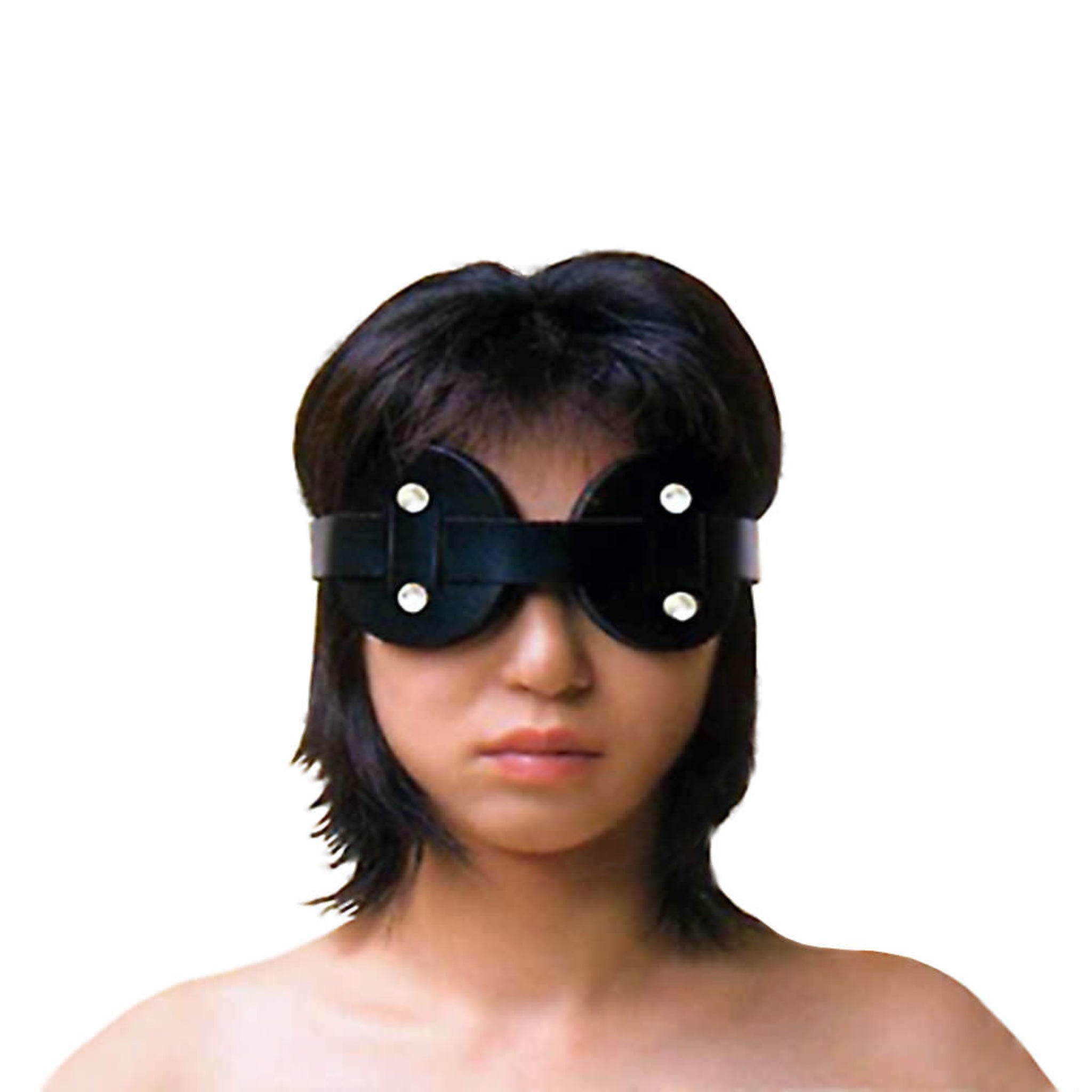 blindfold detachable eyes faux leather fur adjustable strap sensory play BDSM fetish accessory