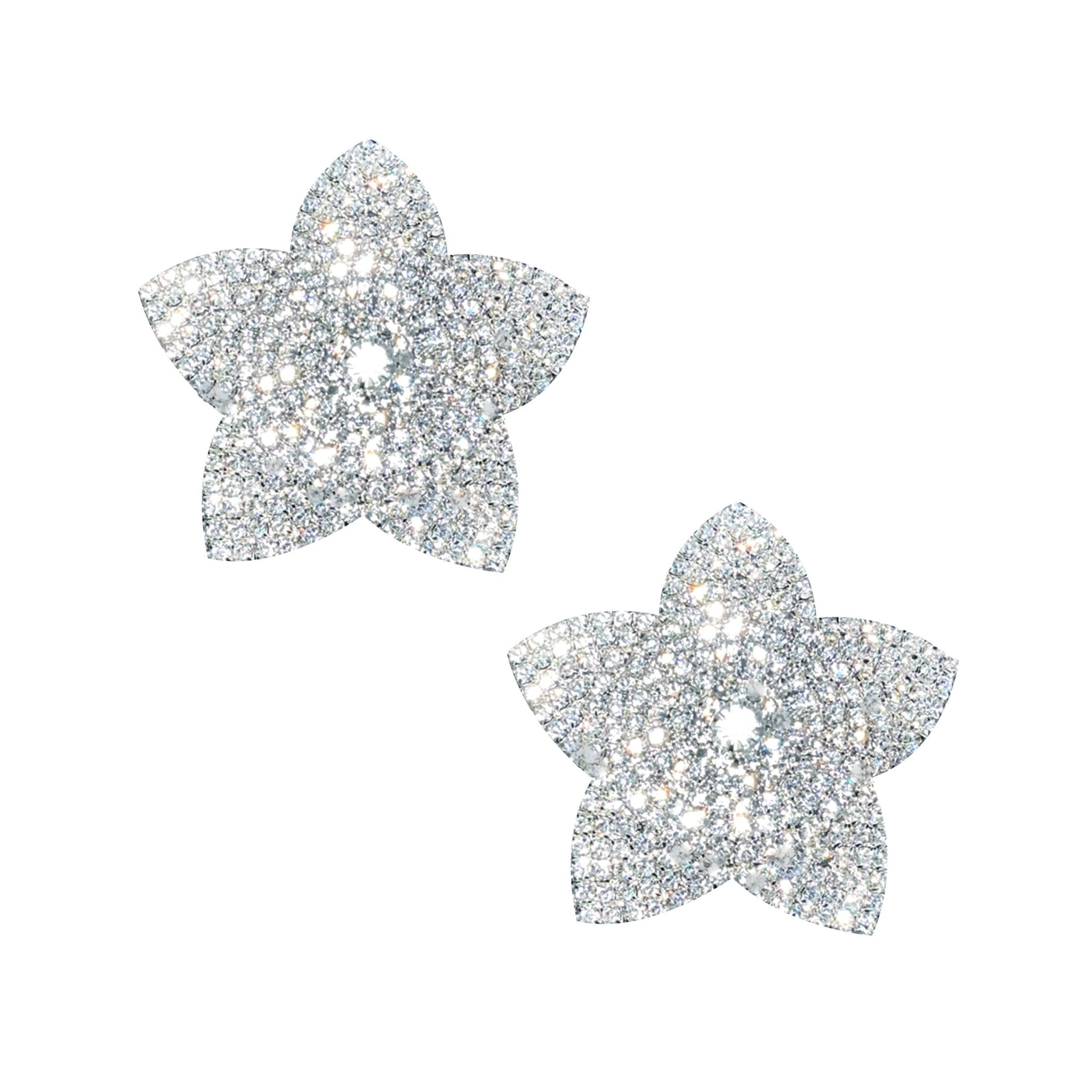 Silicone reusable adhesive self-adhesive rhinestone-crystals accessories intimates pasties nipple nipple-pasties nipple-covers breast-shields shimmy shimmer blossom crystal-flower sparkling drip dazzling fashion alt-fashion clubwear dancewear festivalwear rave raver-babe ravewear costume cosplay halloween female femme feminine womens clear 