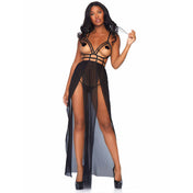 cage open top maxi dress with g-string sheer lingerie long dress cage strap bodice open cups strappy back dual slit skirt thong panty fetish factory sexy cover up