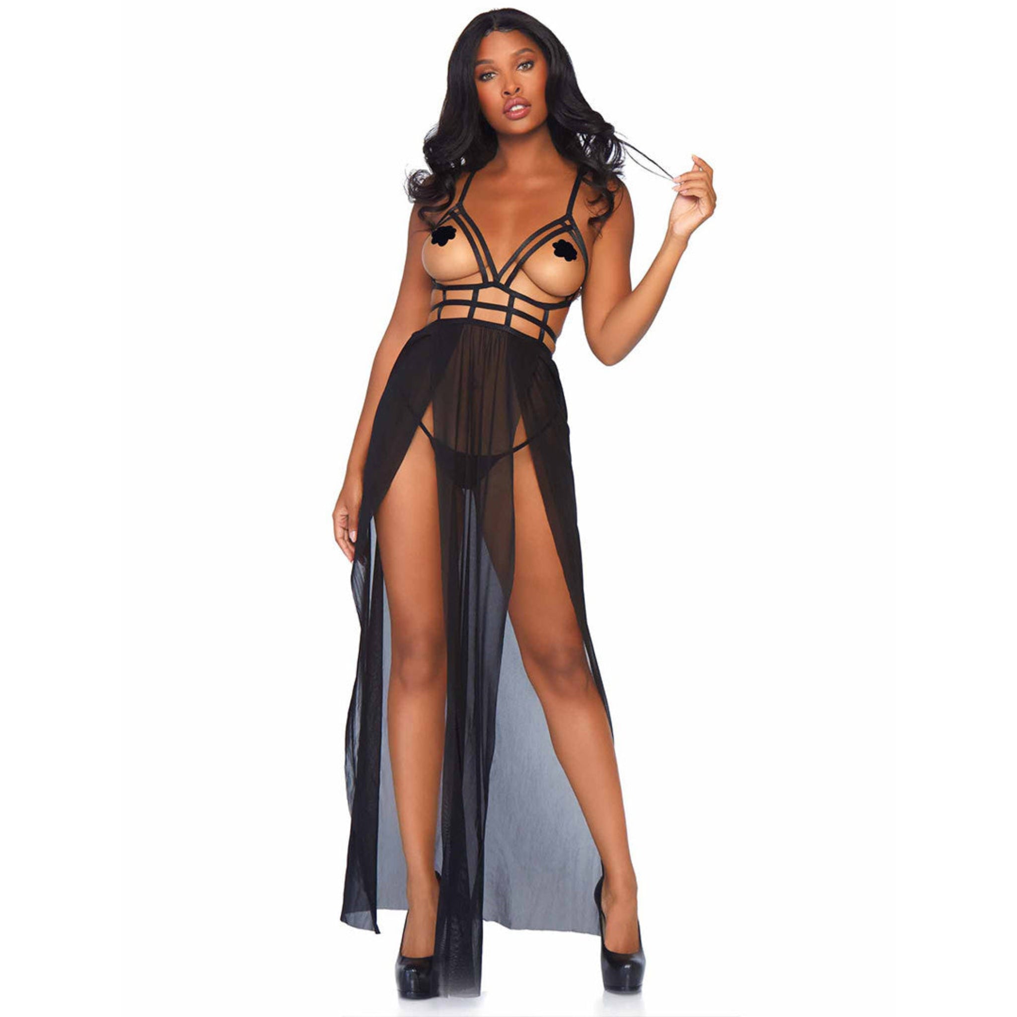 cage open top maxi dress with g-string sheer lingerie long dress cage strap bodice open cups strappy back dual slit skirt thong panty fetish factory sexy cover up
