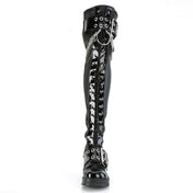 Vegan-leather patent-leather blended-leather footwear shoes boot thigh-high thigh-hi hanging-chains plated-heel chunky-heel screwed-in horseshoe-ring ball-caps buckle-straps eyelets lace-up laceup-front full-zip inside-zip zipper round-toe jingle fetish fashion alt-fashion punk rock goth gothic female femme feminine women black silver