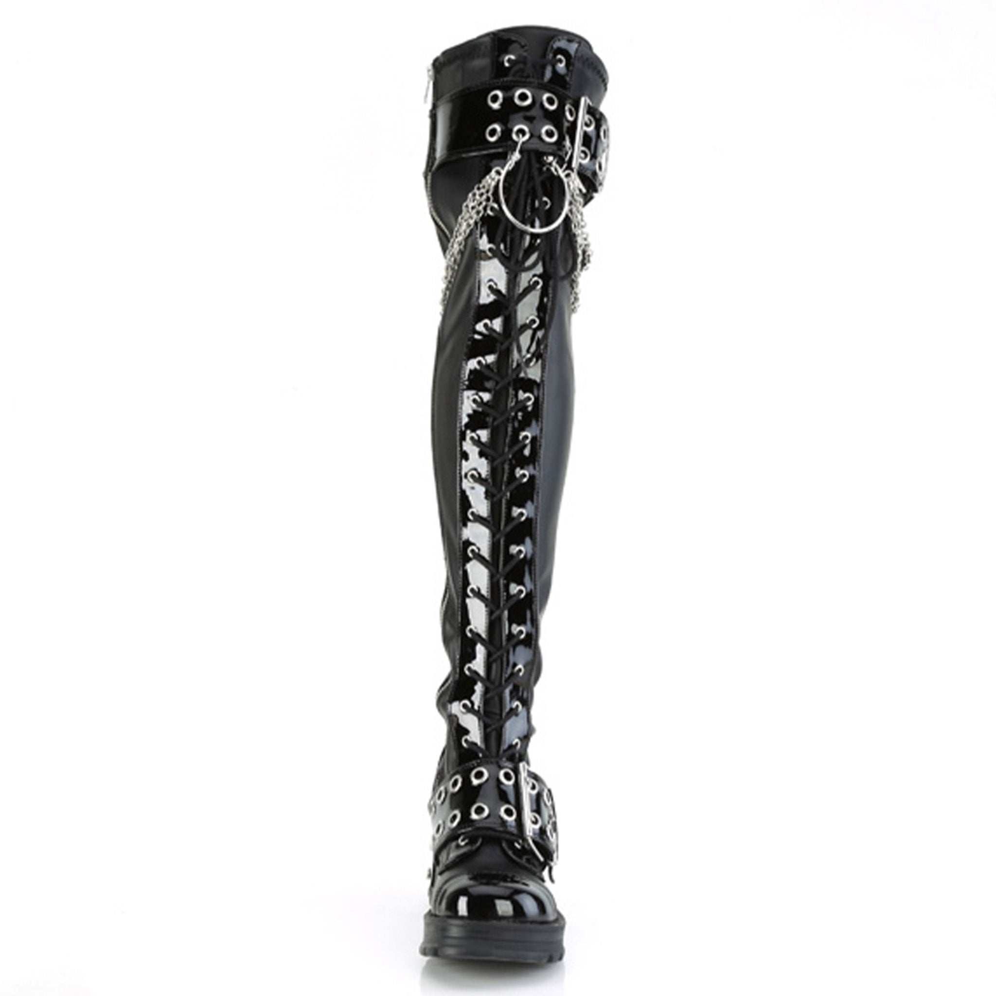 Vegan-leather patent-leather blended-leather footwear shoes boot thigh-high thigh-hi hanging-chains plated-heel chunky-heel screwed-in horseshoe-ring ball-caps buckle-straps eyelets lace-up laceup-front full-zip inside-zip zipper round-toe jingle fetish fashion alt-fashion punk rock goth gothic female femme feminine women black silver
