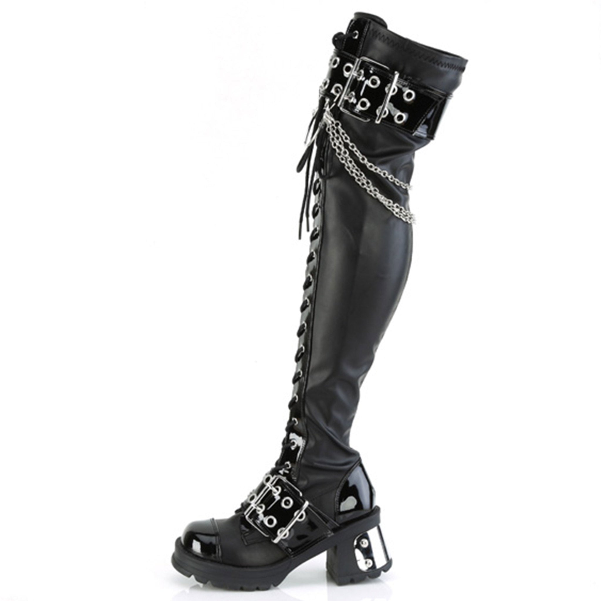 Vegan-leather patent-leather blended-leather footwear shoes boot thigh-high thigh-hi hanging-chains plated-heel chunky-heel screwed-in horseshoe-ring ball-caps buckle-straps eyelets lace-up laceup-front full-zip inside-zip zipper round-toe jingle fetish fashion alt-fashion punk rock goth gothic female femme feminine women black silver