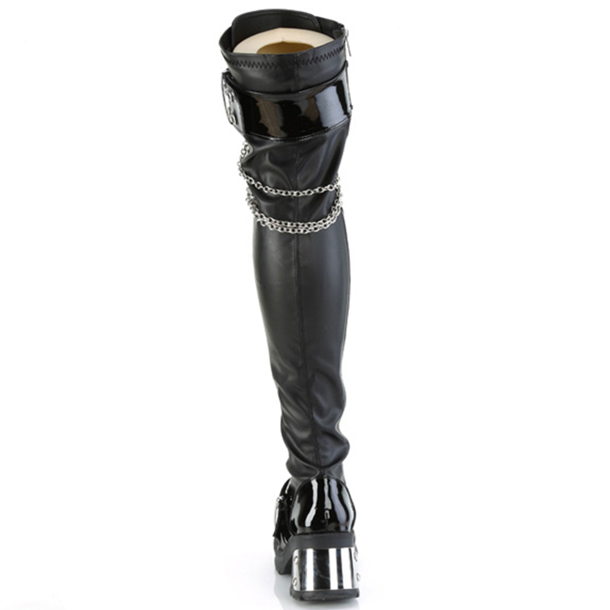 Vegan-leather patent-leather blended-leather footwear shoes boot thigh-high thigh-hi hanging-chains plated-heel chunky-heel screwed-in horseshoe-ring ball-caps buckle-straps eyelets lace-up laceup-front full-zip inside-zip zipper round-toe jingle fetish fashion alt-fashion punk rock goth gothic female femme feminine women black silver