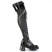 Vegan-leather patent-leather blended-leather footwear shoes boot thigh-high thigh-hi hanging-chains plated-heel chunky-heel screwed-in horseshoe-ring ball-caps buckle-straps eyelets lace-up laceup-front full-zip inside-zip zipper round-toe jingle fetish fashion alt-fashion punk rock goth gothic female femme feminine women black silver