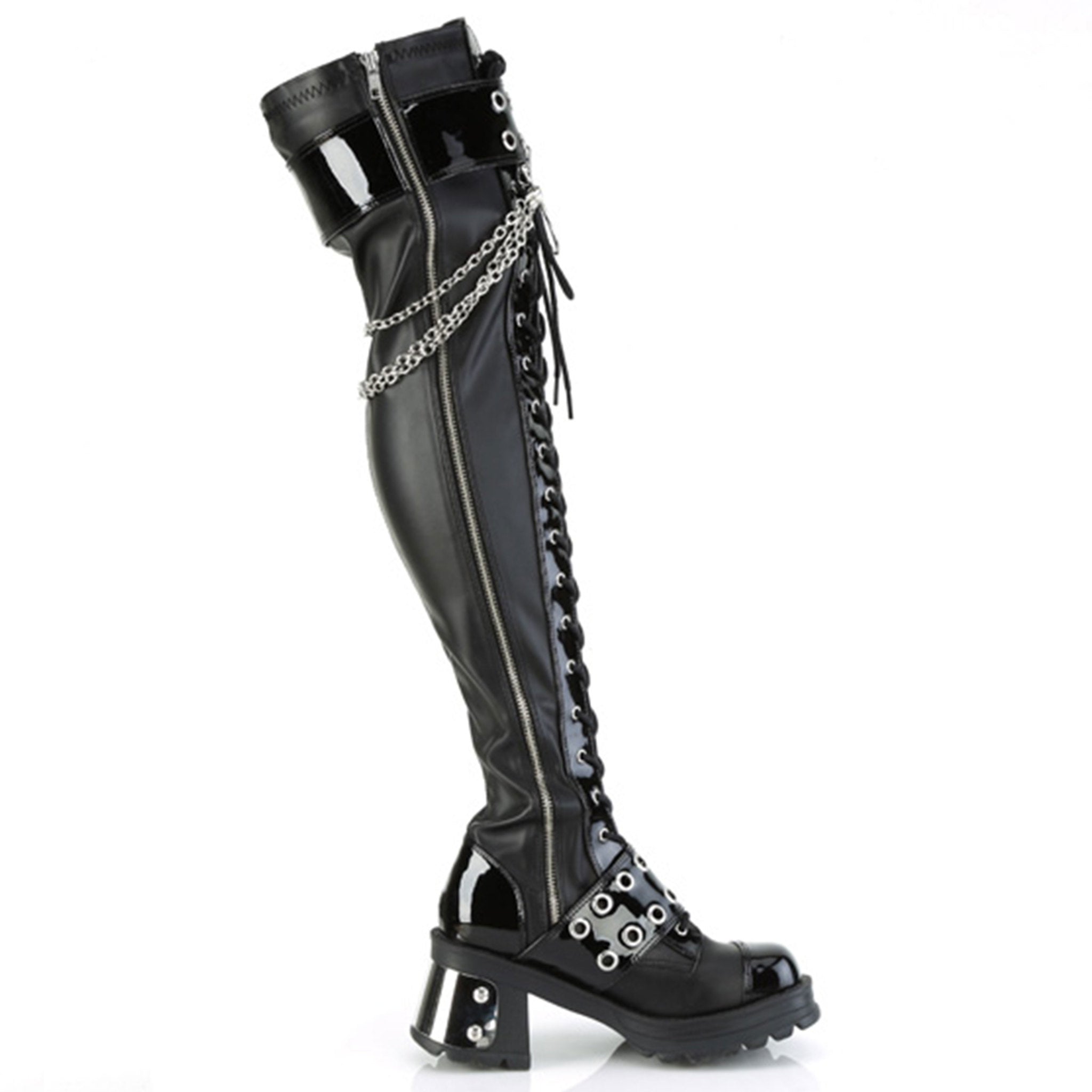 Vegan-leather patent-leather blended-leather footwear shoes boot thigh-high thigh-hi hanging-chains plated-heel chunky-heel screwed-in horseshoe-ring ball-caps buckle-straps eyelets lace-up laceup-front full-zip inside-zip zipper round-toe jingle fetish fashion alt-fashion punk rock goth gothic female femme feminine women black silver