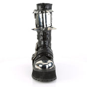 Metal toe cap platform boot claw spikes chrome shin plate buckled lace-up vegan leather 2.75 inch platform Fetish Factory edgy footwear