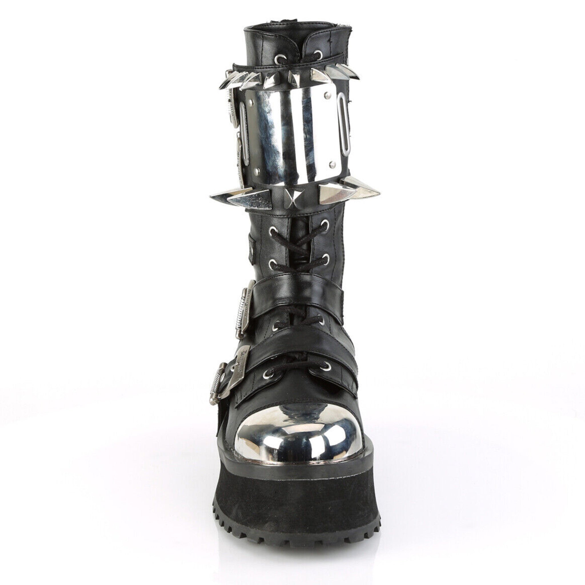 Metal toe cap platform boot claw spikes chrome shin plate buckled lace-up vegan leather 2.75 inch platform Fetish Factory edgy footwear