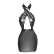 Polyester elastane wetlook polymer-coating dress mini dress minidress mini-dress criss-cross halter neck halterneck open-back hook-and-eye sleeveless curvy sexy black 