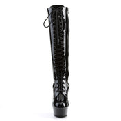 Stretch-vinyl footwear shoes boot lace-front laceup lace-up knee-high knee-hi knee stiletto stiletto-heel inside-zip zipper round-toe glossy shiny commanding hooker gogo go-go glam sky-high height cling fetish fashion alt-fashion punk rock club clubwear club-wear female femme feminine women black