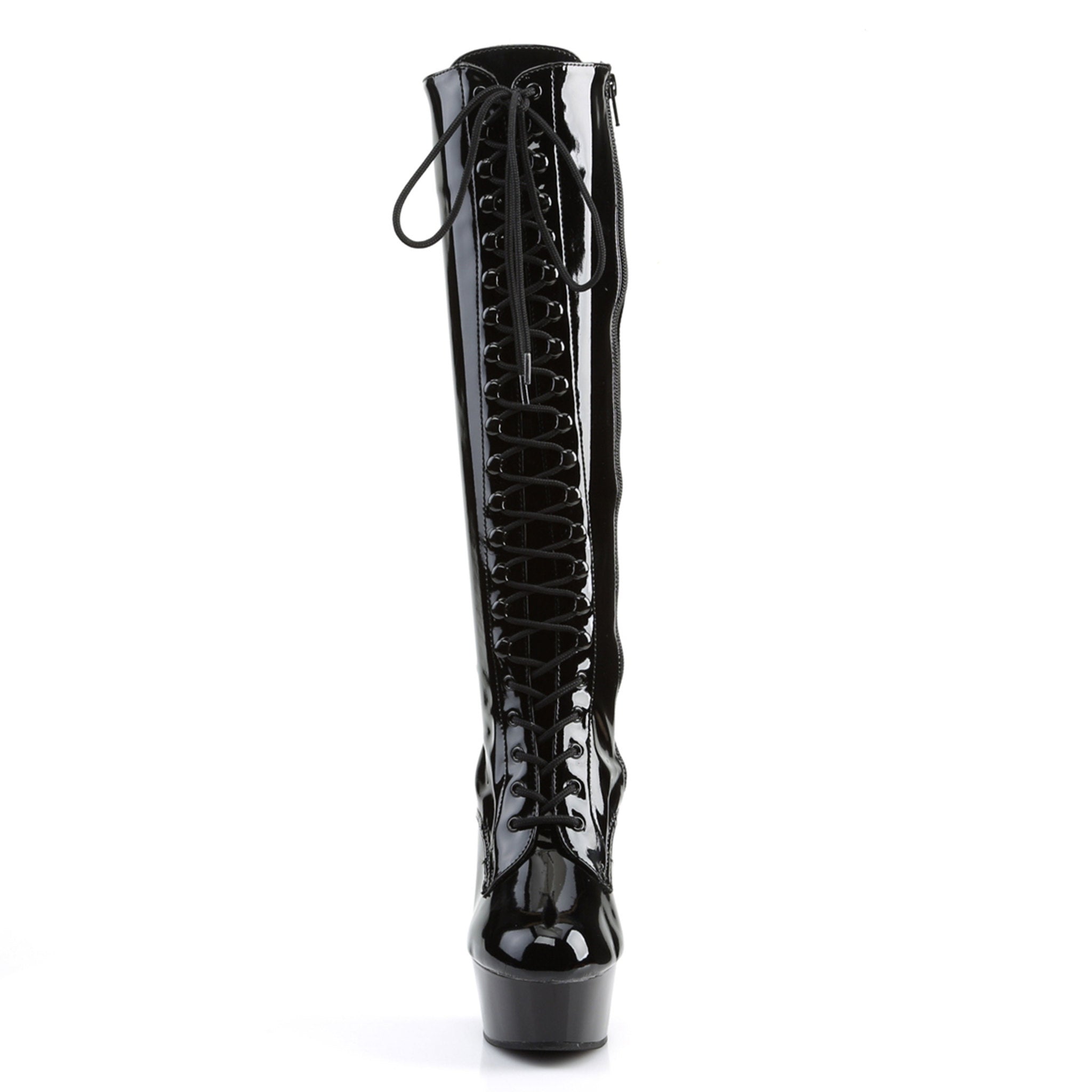 Stretch-vinyl footwear shoes boot lace-front laceup lace-up knee-high knee-hi knee stiletto stiletto-heel inside-zip zipper round-toe glossy shiny commanding hooker gogo go-go glam sky-high height cling fetish fashion alt-fashion punk rock club clubwear club-wear female femme feminine women black