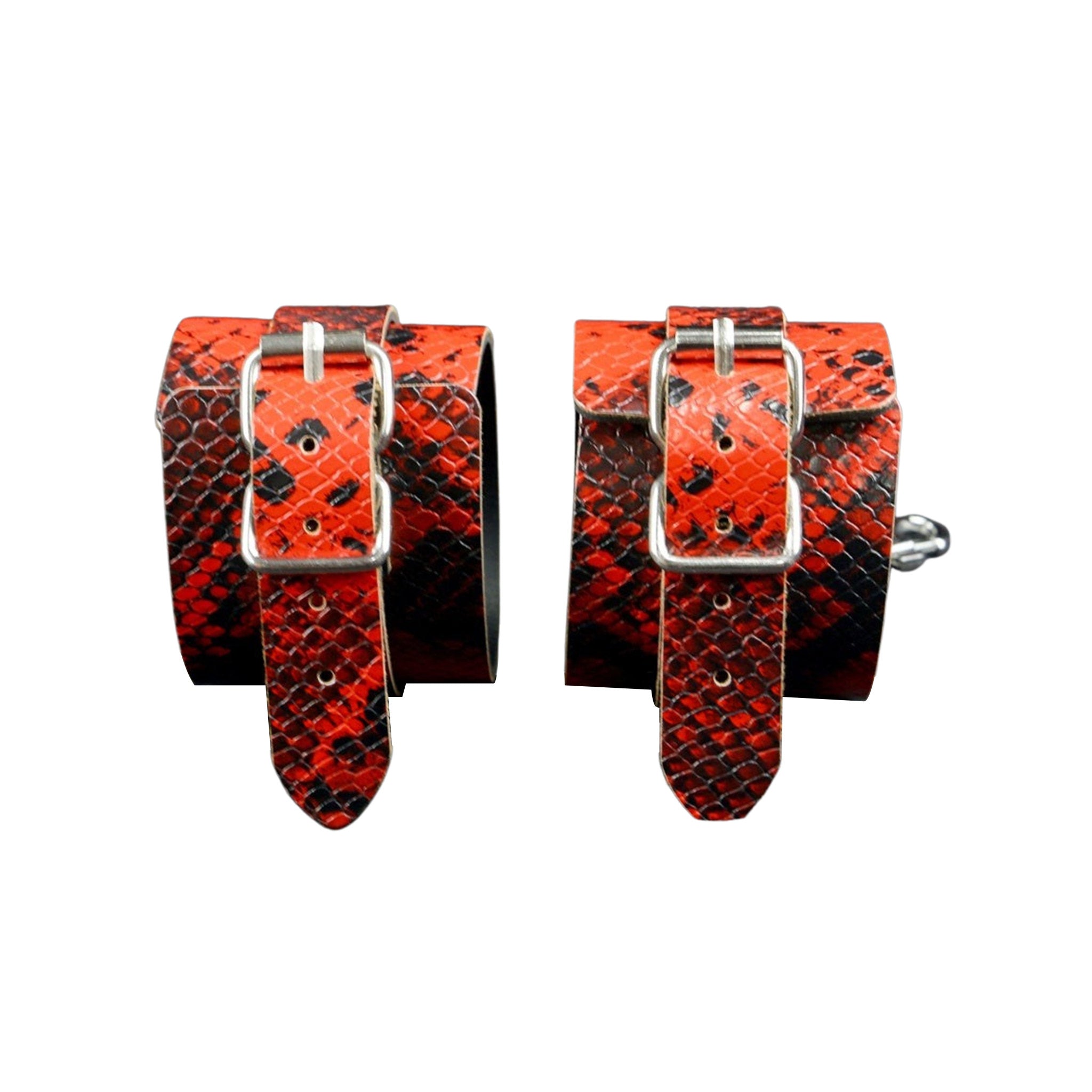Red crocodile-print bondage kit, 8-piece BDSM set, vegan leather bondage travel kit, luxury restraint set, Fetish Factory bondage gear.