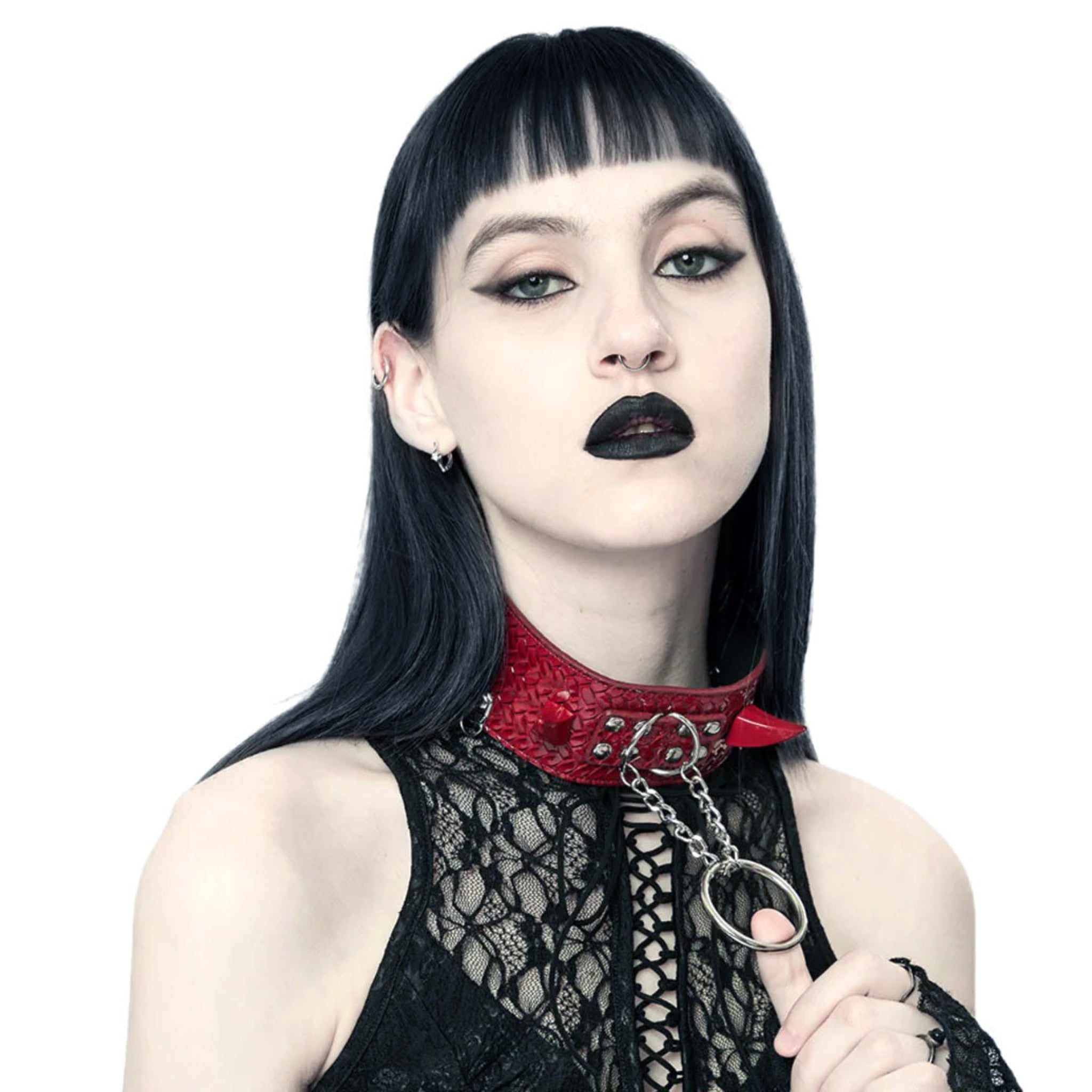 devil horns spikes chains textured pvc collar o/s gothic fetish accessory reptile scale texture draping chains o-ring metal hardware black punk collar edgy alternative fashion statement jewelry