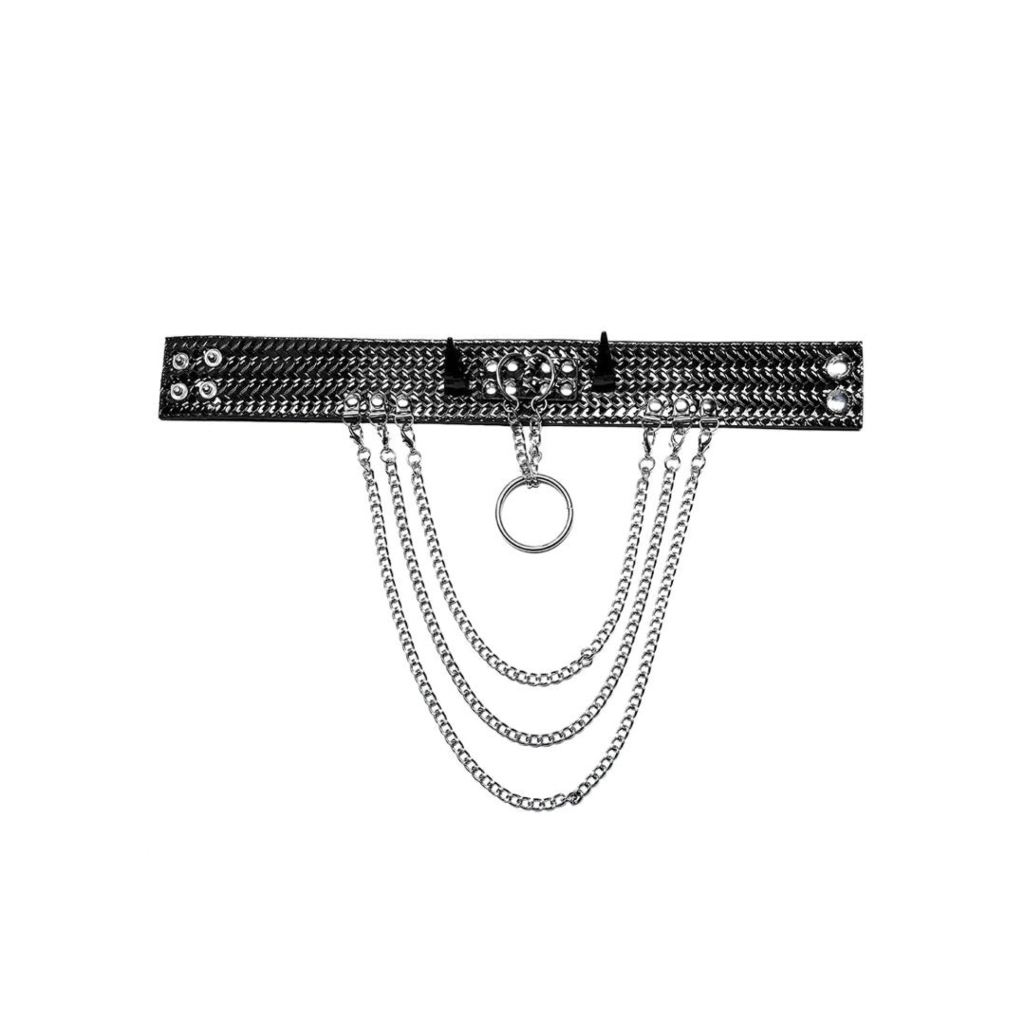 devil horns spikes chains textured pvc collar o/s gothic fetish accessory reptile scale texture draping chains o-ring metal hardware black punk collar edgy alternative fashion statement jewelry