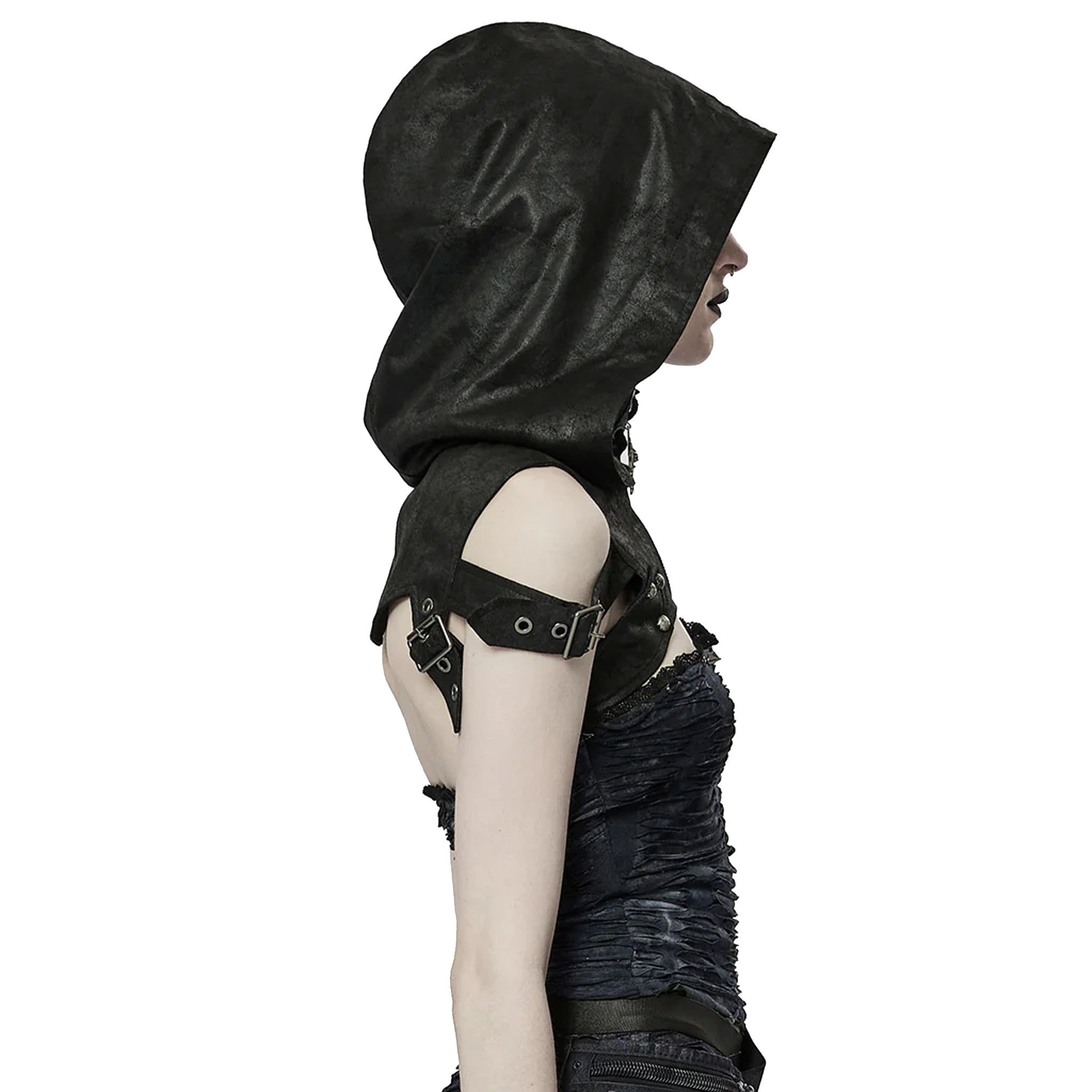 goth hooded shoulder harness cracked faux leather skull pendant rivets adjustable drawstring zipper front gothic accessory punk harness alternative fashion edgy statement piece