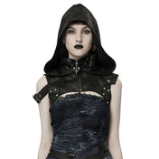 goth hooded shoulder harness cracked faux leather skull pendant rivets adjustable drawstring zipper front gothic accessory punk harness alternative fashion edgy statement piece