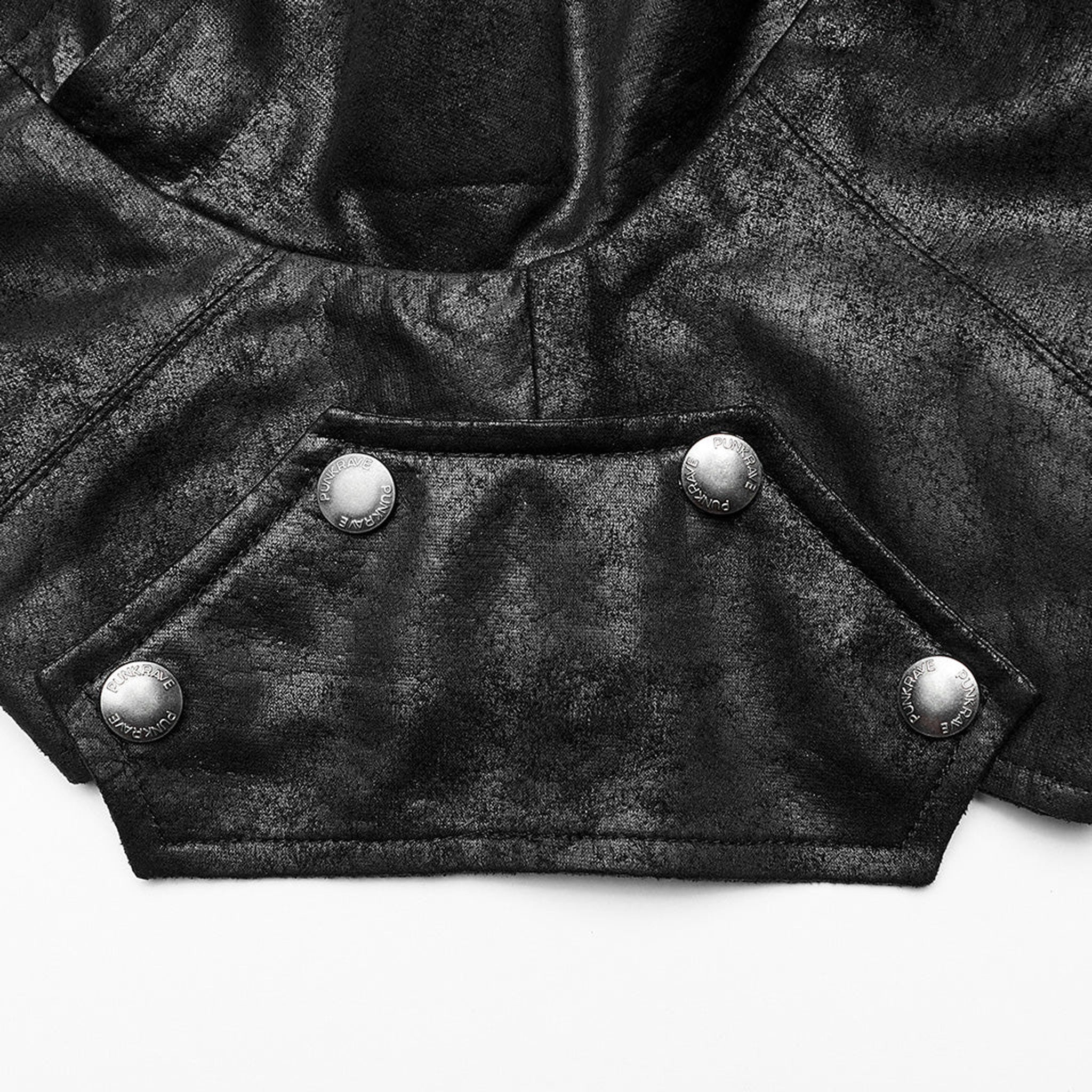 goth hooded shoulder harness cracked faux leather skull pendant rivets adjustable drawstring zipper front gothic accessory punk harness alternative fashion edgy statement piece