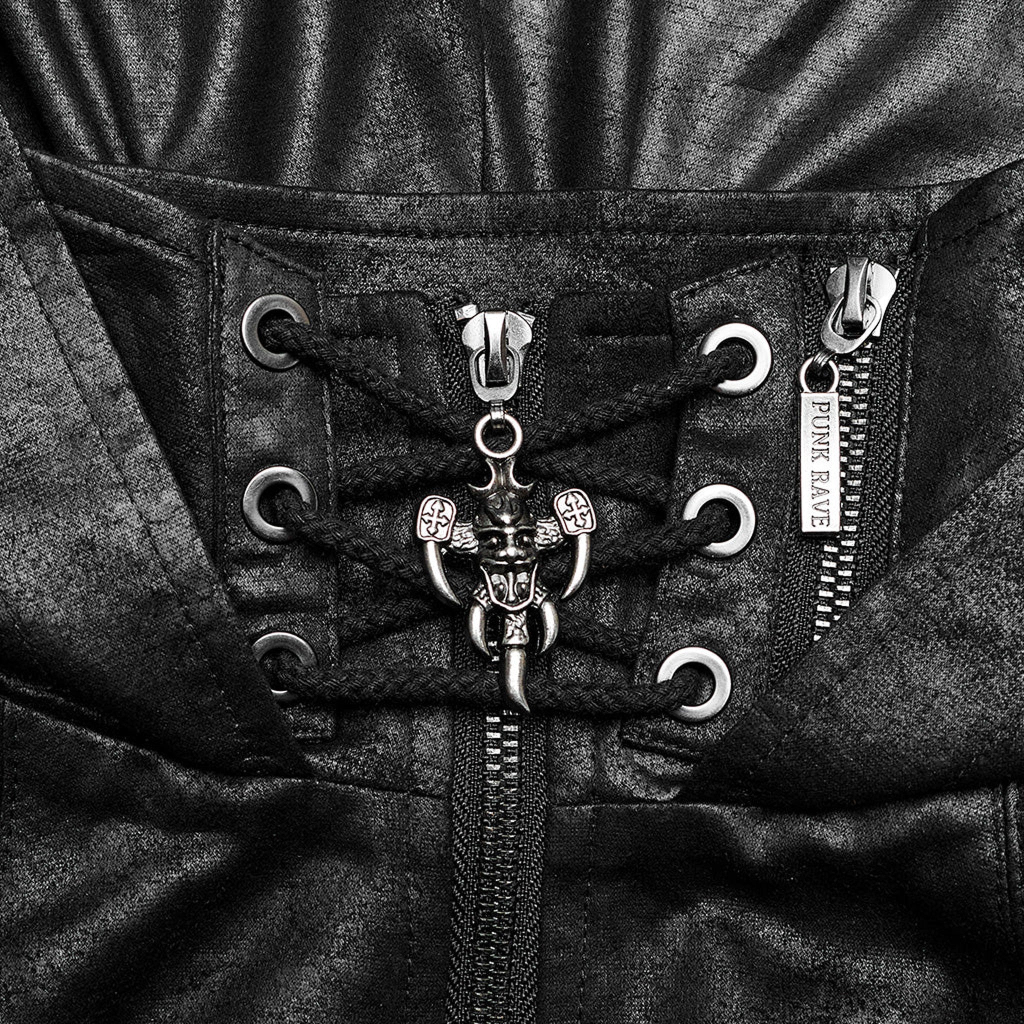 goth hooded shoulder harness cracked faux leather skull pendant rivets adjustable drawstring zipper front gothic accessory punk harness alternative fashion edgy statement piece