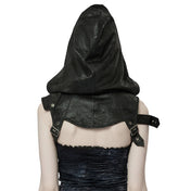 goth hooded shoulder harness cracked faux leather skull pendant rivets adjustable drawstring zipper front gothic accessory punk harness alternative fashion edgy statement piece