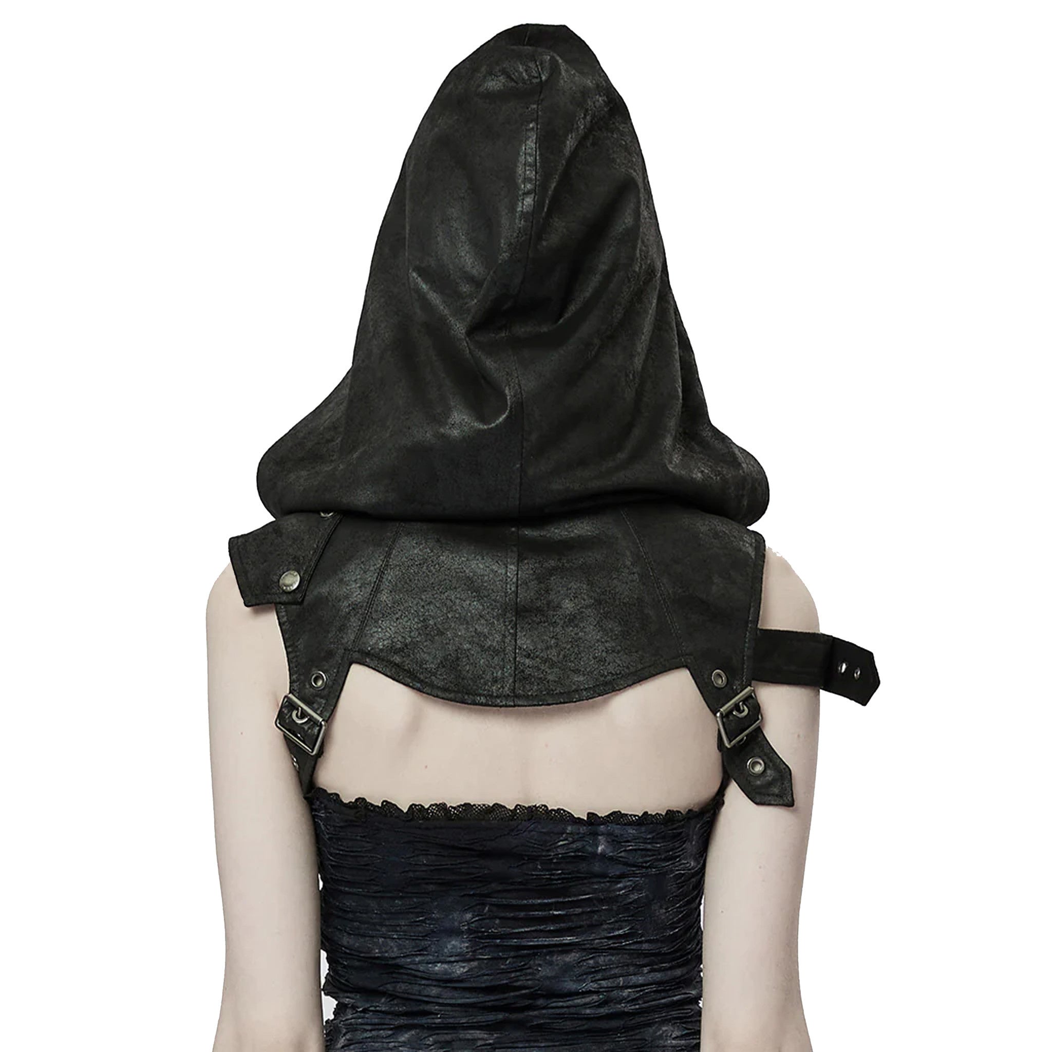 goth hooded shoulder harness cracked faux leather skull pendant rivets adjustable drawstring zipper front gothic accessory punk harness alternative fashion edgy statement piece