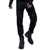 goth multi buckle pants black lace up pants pockets long pants white stitching contrast straps knee loops alternative fashion gothic streetwear edgy punk clothing structured pants