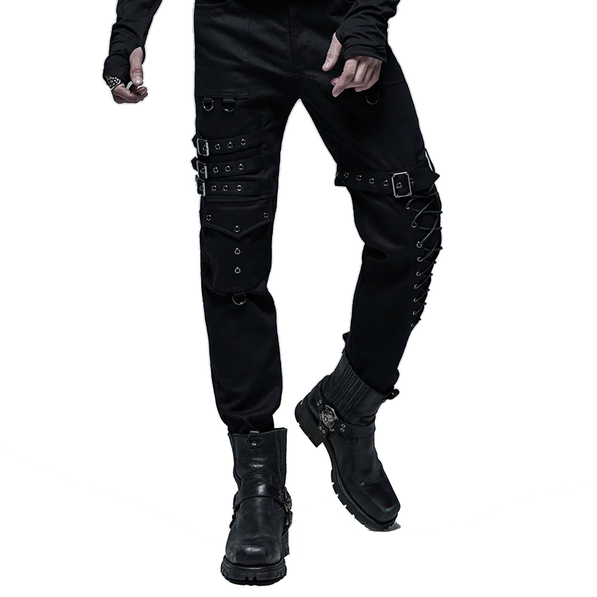 goth multi buckle pants black lace up pants pockets long pants white stitching contrast straps knee loops alternative fashion gothic streetwear edgy punk clothing structured pants