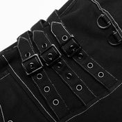 goth multi buckle pants black lace up pants pockets long pants white stitching contrast straps knee loops alternative fashion gothic streetwear edgy punk clothing structured pants