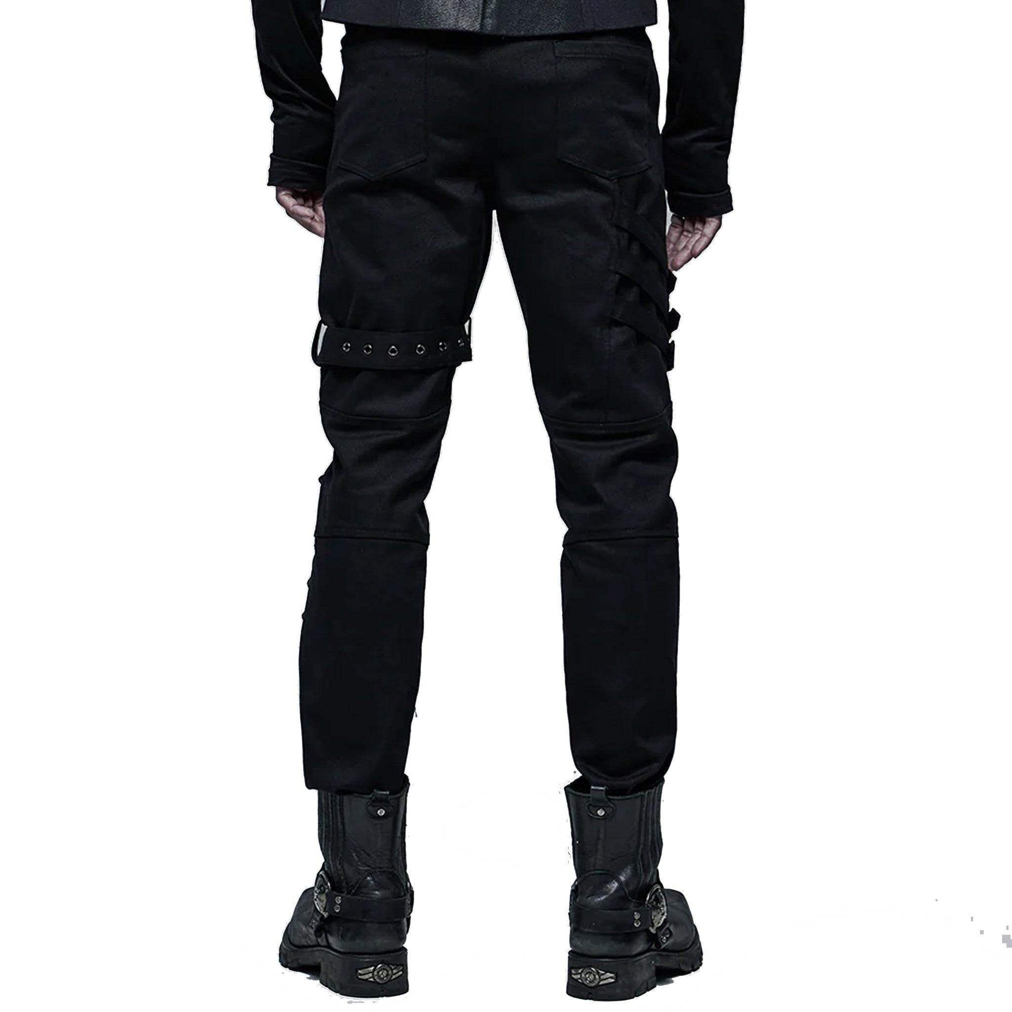 goth multi buckle pants black lace up pants pockets long pants white stitching contrast straps knee loops alternative fashion gothic streetwear edgy punk clothing structured pants