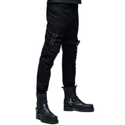 goth multi buckle pants black lace up pants pockets long pants white stitching contrast straps knee loops alternative fashion gothic streetwear edgy punk clothing structured pants