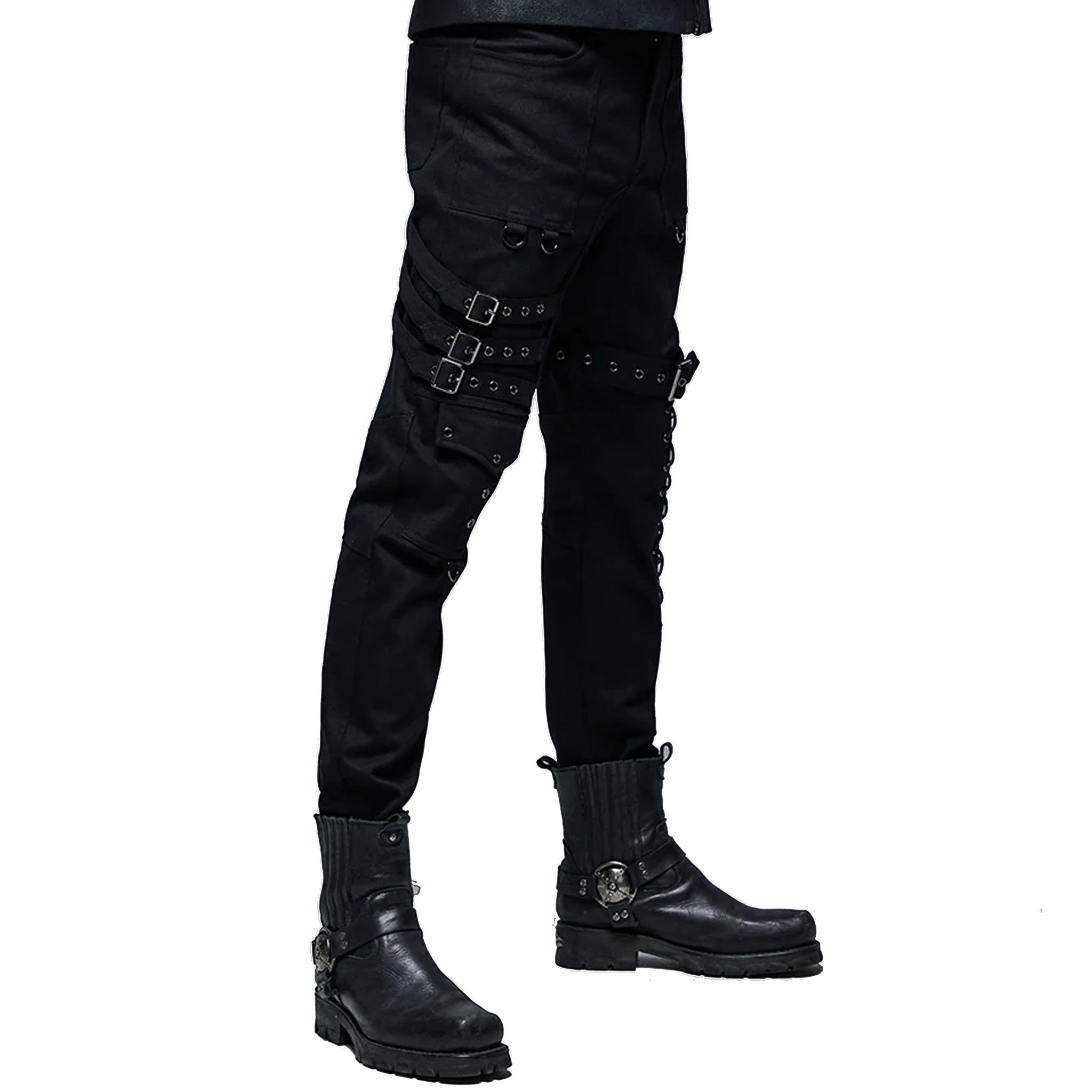 goth multi buckle pants black lace up pants pockets long pants white stitching contrast straps knee loops alternative fashion gothic streetwear edgy punk clothing structured pants