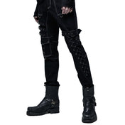goth multi buckle pants black lace up pants pockets long pants white stitching contrast straps knee loops alternative fashion gothic streetwear edgy punk clothing structured pants