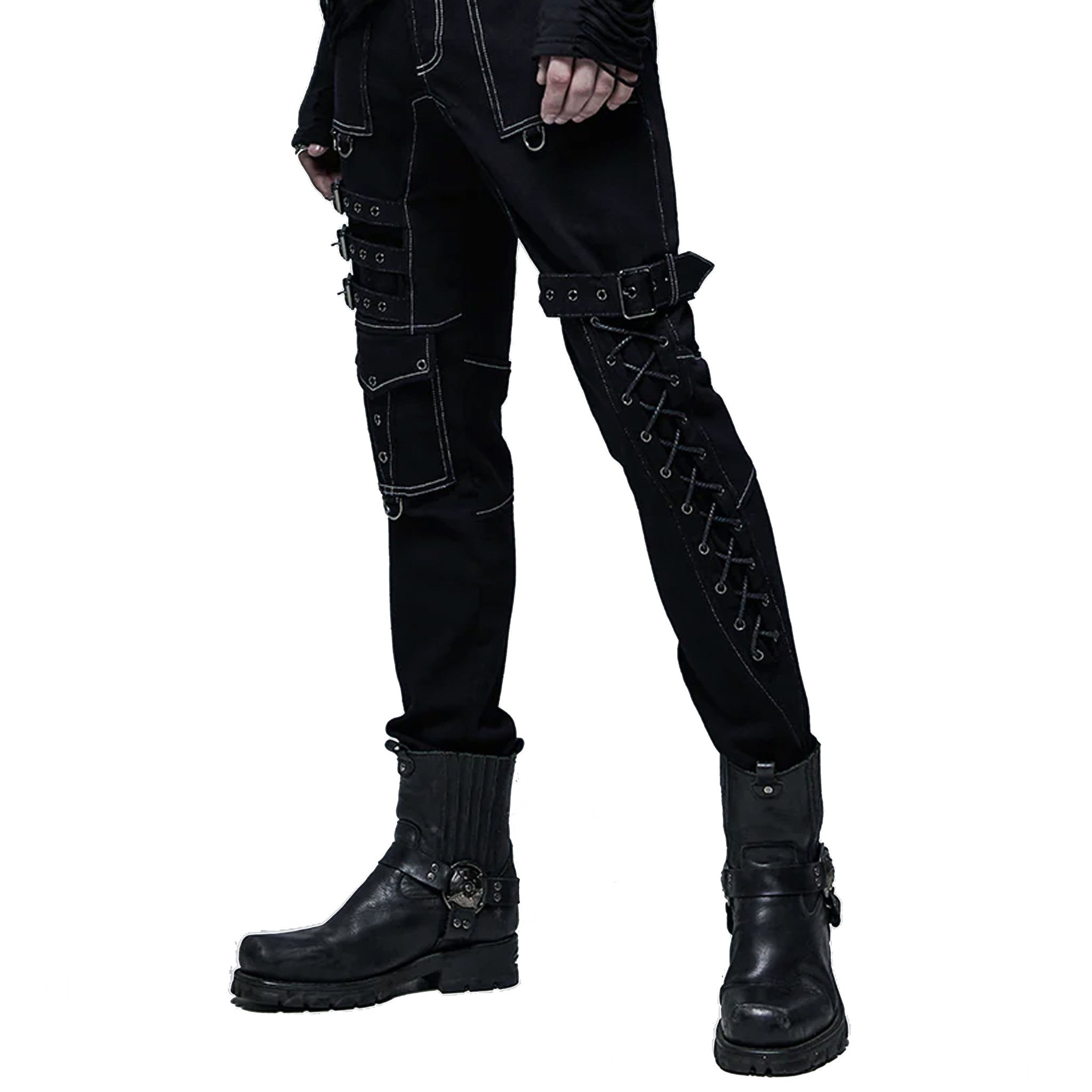 goth multi buckle pants black lace up pants pockets long pants white stitching contrast straps knee loops alternative fashion gothic streetwear edgy punk clothing structured pants