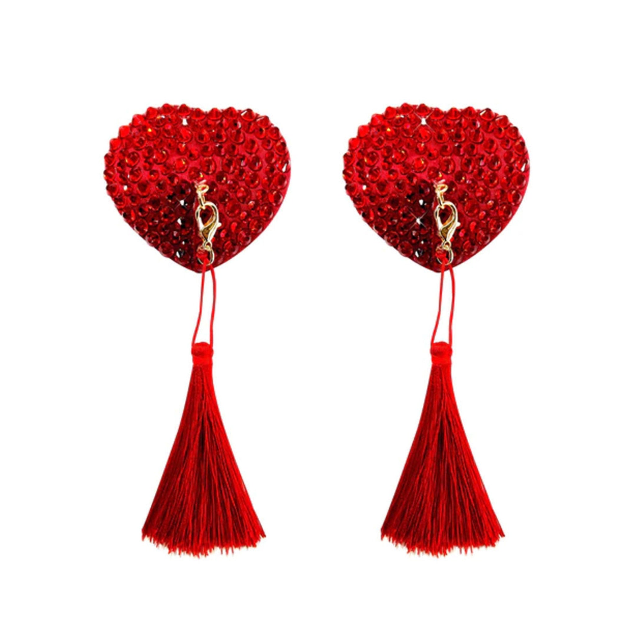 Red crystal heart pasties with tassels, self-adhesive, burlesque nipple covers.