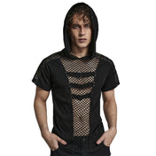 hooded mesh shirt black short sleeve buckle front punk shirt mesh cutouts gothic fashion alternative streetwear edgy top