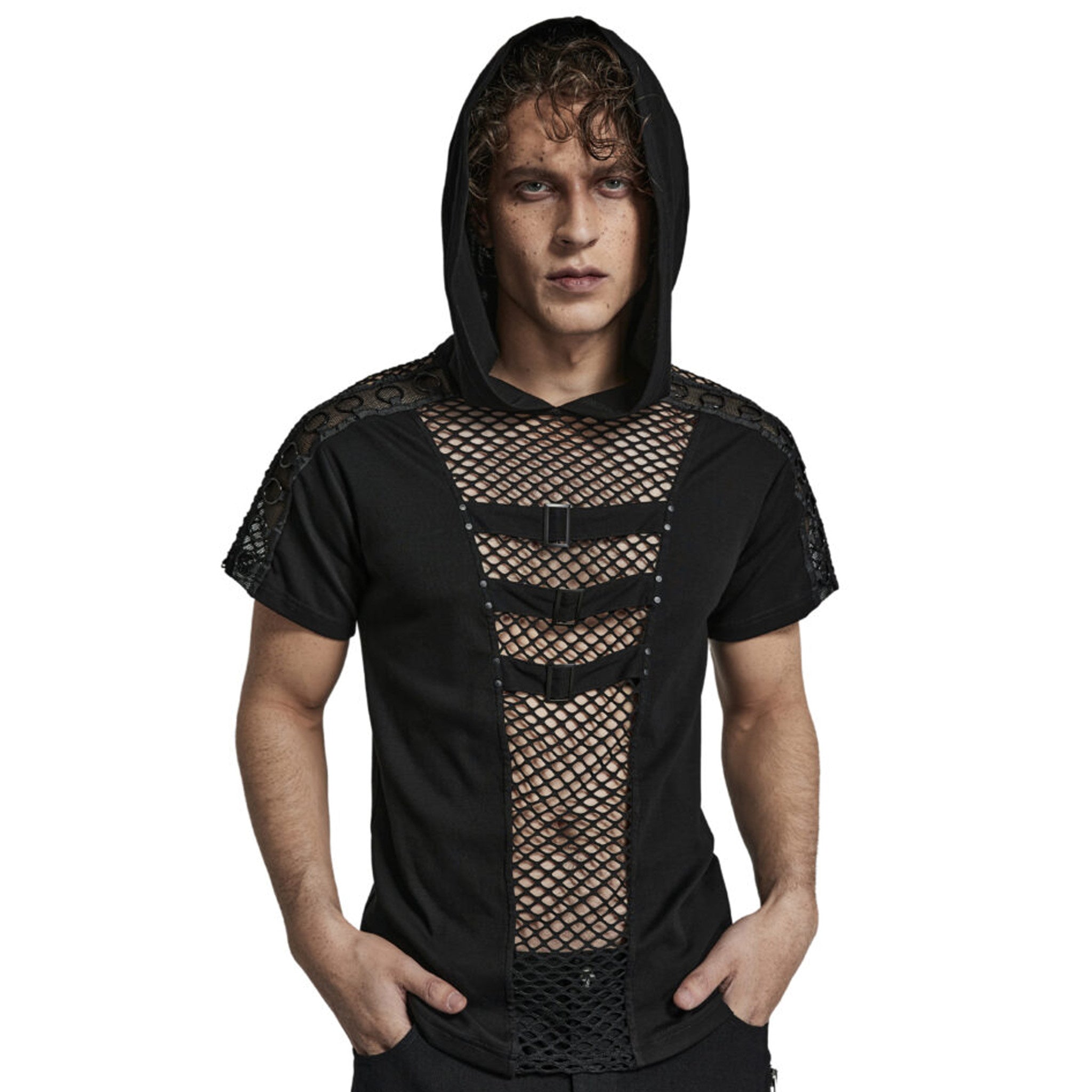 hooded mesh shirt black short sleeve buckle front punk shirt mesh cutouts gothic fashion alternative streetwear edgy top