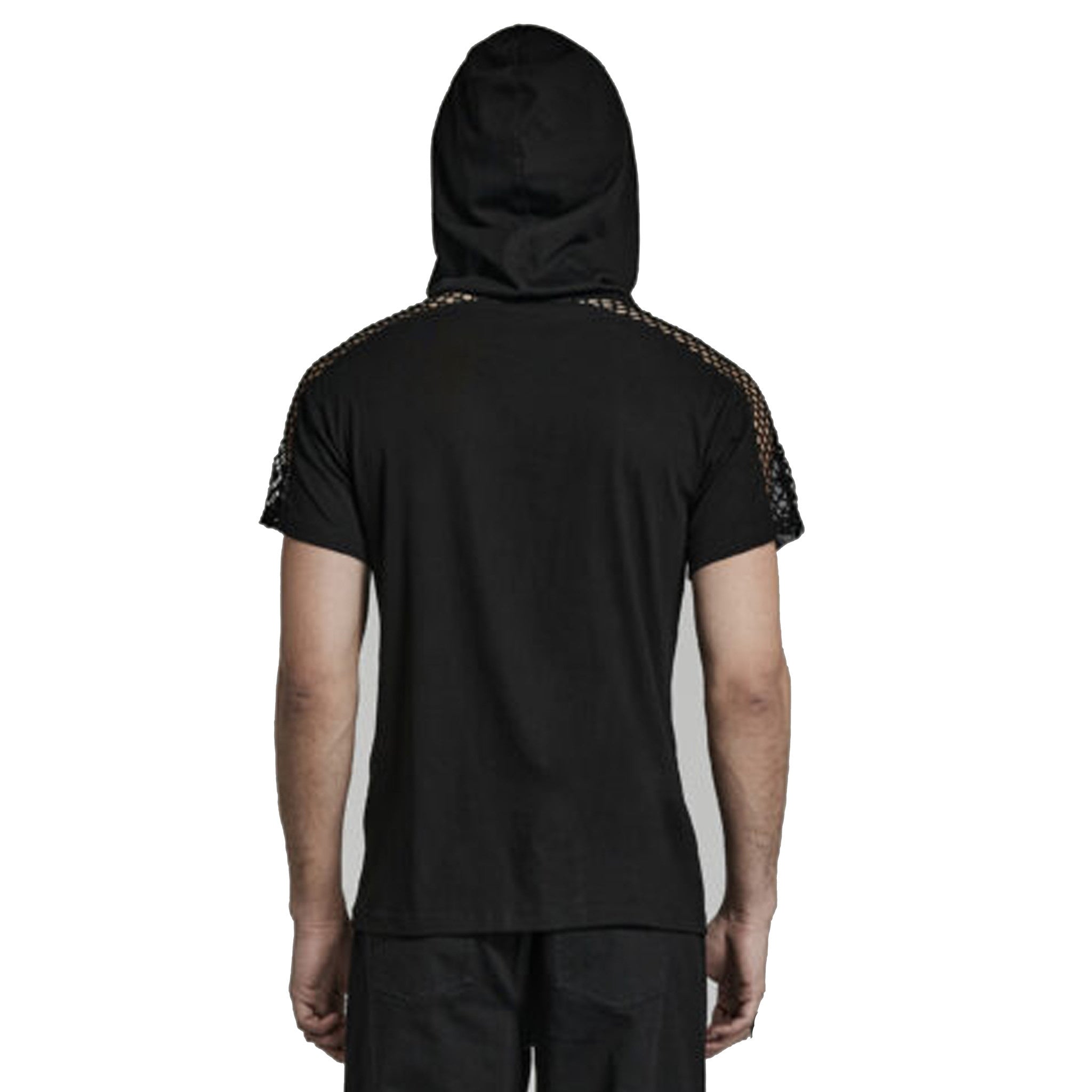 hooded mesh shirt black short sleeve buckle front punk shirt mesh cutouts gothic fashion alternative streetwear edgy top