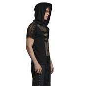hooded mesh shirt black short sleeve buckle front punk shirt mesh cutouts gothic fashion alternative streetwear edgy top