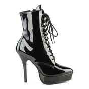indulge pointed toe ankle boot platform patent leather lace up stiletto heel 5.25 inch 1.25 inch platform fetish boots glossy black ankle boots sexy footwear fetish factory