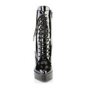 indulge pointed toe ankle boot platform patent leather lace up stiletto heel 5.25 inch 1.25 inch platform fetish boots glossy black ankle boots sexy footwear fetish factory