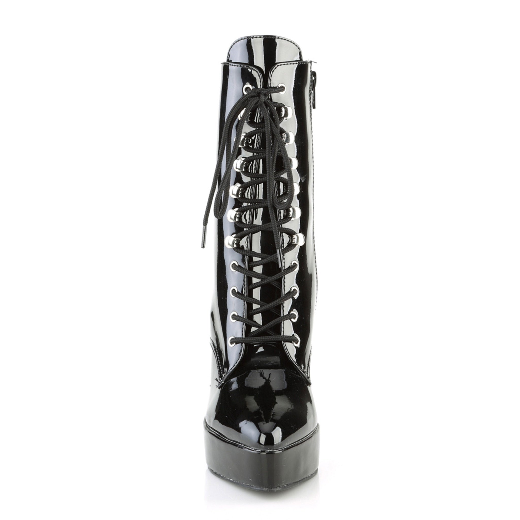 indulge pointed toe ankle boot platform patent leather lace up stiletto heel 5.25 inch 1.25 inch platform fetish boots glossy black ankle boots sexy footwear fetish factory