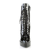 Leather patent-leather synthetic-upper synthetic-insole synthetic-midsole synthetic-outsole nylon-lacing accessories footwear shoes booties ankle-boot pointed-toe stiletto-heel high-heel laceup lace-up zipper inside-zip platform-instep platform-bootie shiny glossy high-gloss indulging sexy fetish fashion alt-fashion alternative punk goth gothic cyber cyberpunk clubbing clubwear festivalwear dancewear costume cosplay halloween female femme feminine womens black