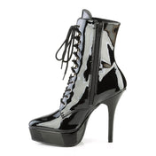 Leather patent-leather synthetic-upper synthetic-insole synthetic-midsole synthetic-outsole nylon-lacing accessories footwear shoes booties ankle-boot pointed-toe stiletto-heel high-heel laceup lace-up zipper inside-zip platform-instep platform-bootie shiny glossy high-gloss indulging sexy fetish fashion alt-fashion alternative punk goth gothic cyber cyberpunk clubbing clubwear festivalwear dancewear costume cosplay halloween female femme feminine womens black