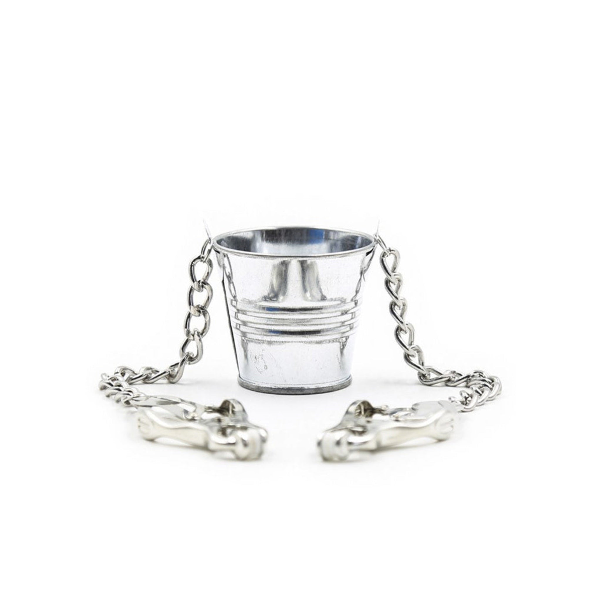 Japanese clover nipple clamps with pail, weighted nipple clamps, BDSM nipple torture clamps, metal clover clamps with chains, fetish nipple clamps hardware, domination submission play clamps, erotic BDSM nipple clamps, adult bondage accessories