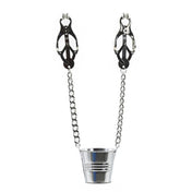 Japanese clover nipple clamps with pail, weighted nipple clamps, BDSM nipple torture clamps, metal clover clamps with chains, fetish nipple clamps hardware, domination submission play clamps, erotic BDSM nipple clamps, adult bondage accessories