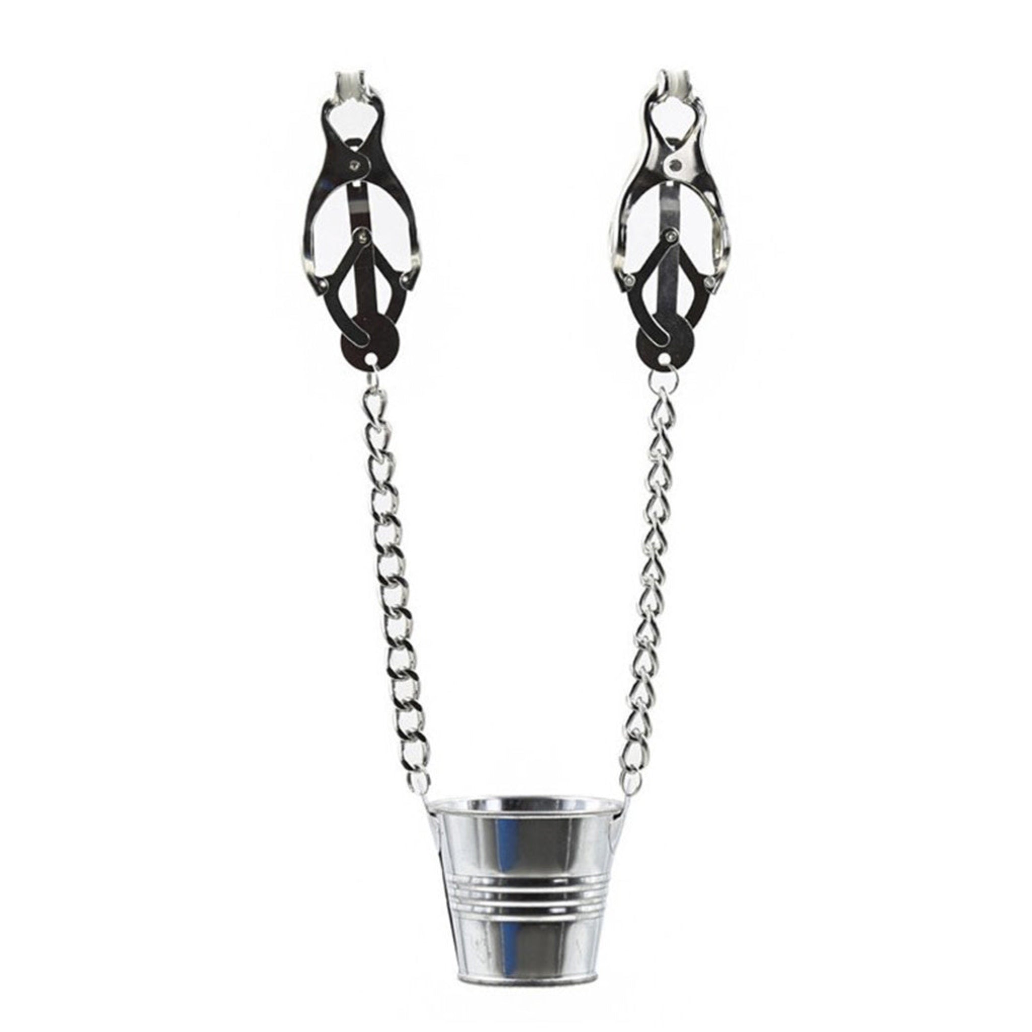 Japanese clover nipple clamps with pail, weighted nipple clamps, BDSM nipple torture clamps, metal clover clamps with chains, fetish nipple clamps hardware, domination submission play clamps, erotic BDSM nipple clamps, adult bondage accessories