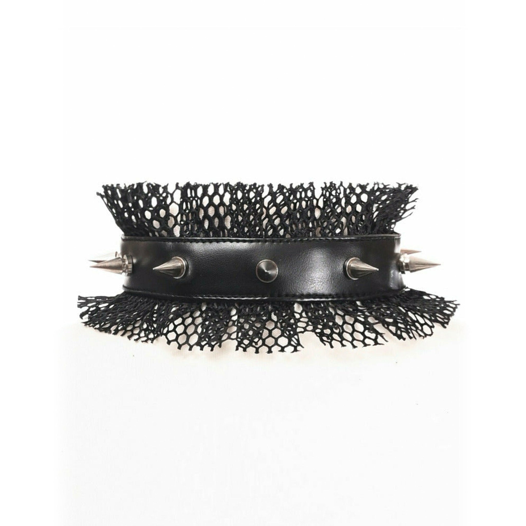 black kitten choker with spikes, mesh ruffle pet play collar, satin ribbon BDSM choker, black faux leather cosplay collar, gothic spike kitten collar