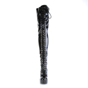 Wetlook wet-look patent-leather footwear shoes boot thigh-high thigh-hi chunky-heel platform round-toe laceup lace-up lace-front nylon-lacing inside-zip full-zip zipper glossy shiny stretch stretchy towering fierce unapologetic comfortable luscious strut savage fetish fashion alt-fashion female femme feminine women black