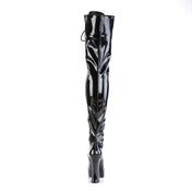 Wetlook wet-look patent-leather footwear shoes boot thigh-high thigh-hi chunky-heel platform round-toe laceup lace-up lace-front nylon-lacing inside-zip full-zip zipper glossy shiny stretch stretchy towering fierce unapologetic comfortable luscious strut savage fetish fashion alt-fashion female femme feminine women black