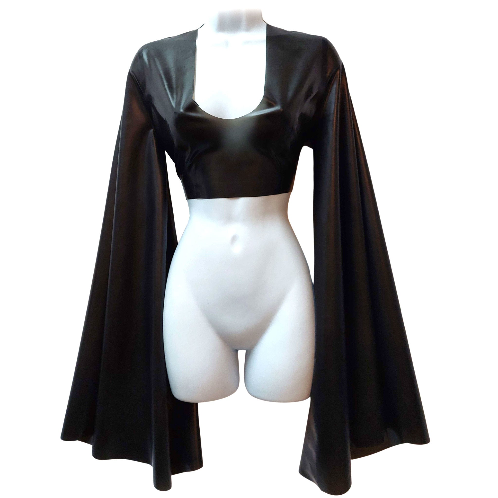 latex butterfly crop top, dramatic bell sleeve latex shirt, latex fashion crop, rave fetish latex top, natural latex handcrafted crop top, Fetish Factory latex wear